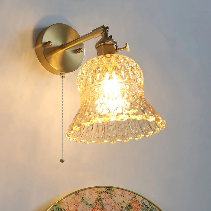 Amber Flower Glass Wall Light Fixture with Pull Chain Switch