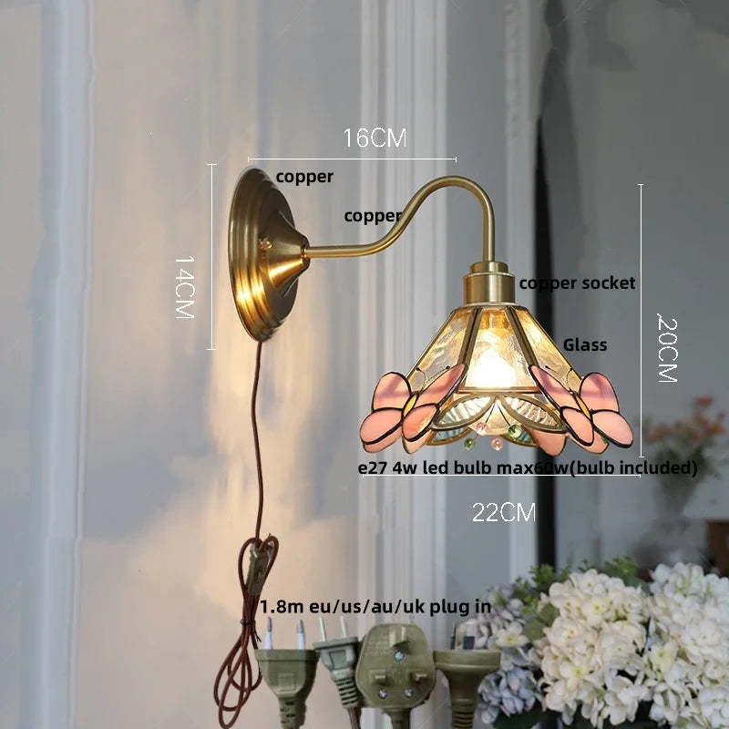 Pink Glass LED Wall Sconce Nordic Brass Fixture