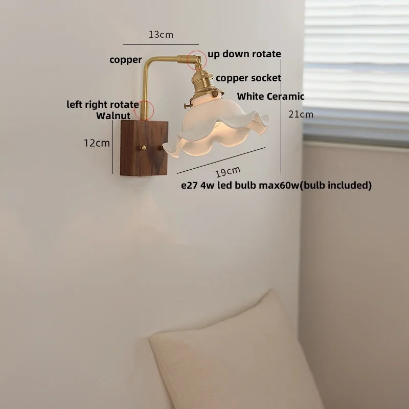 Modern Walnut Brass LED Wall Light Rotatable Bedside Sconce Stair Fixture