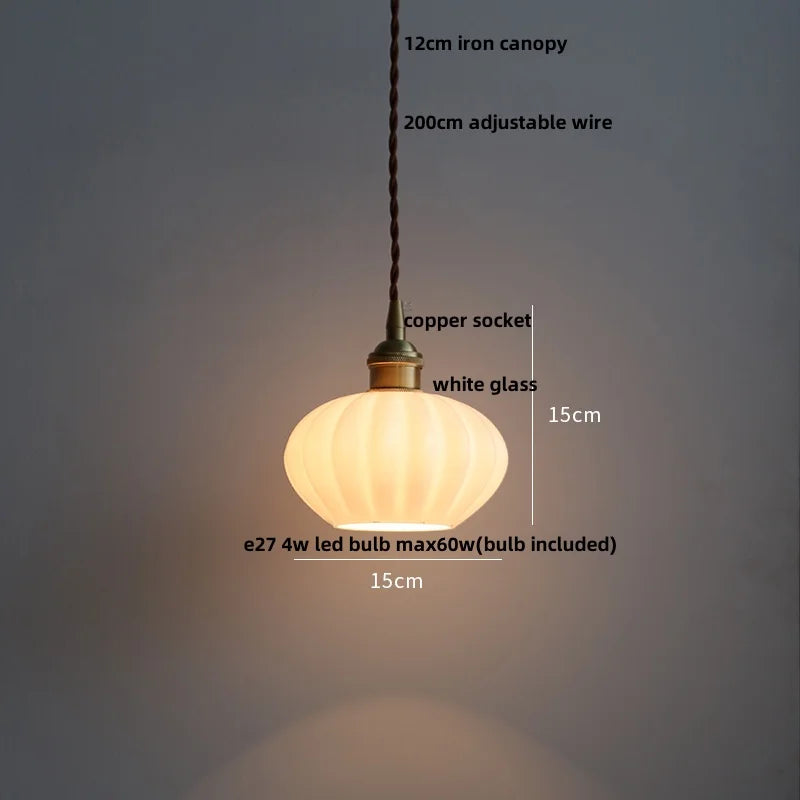 White Glass LED Pendant Lamp Copper Adjustable Hanging Light