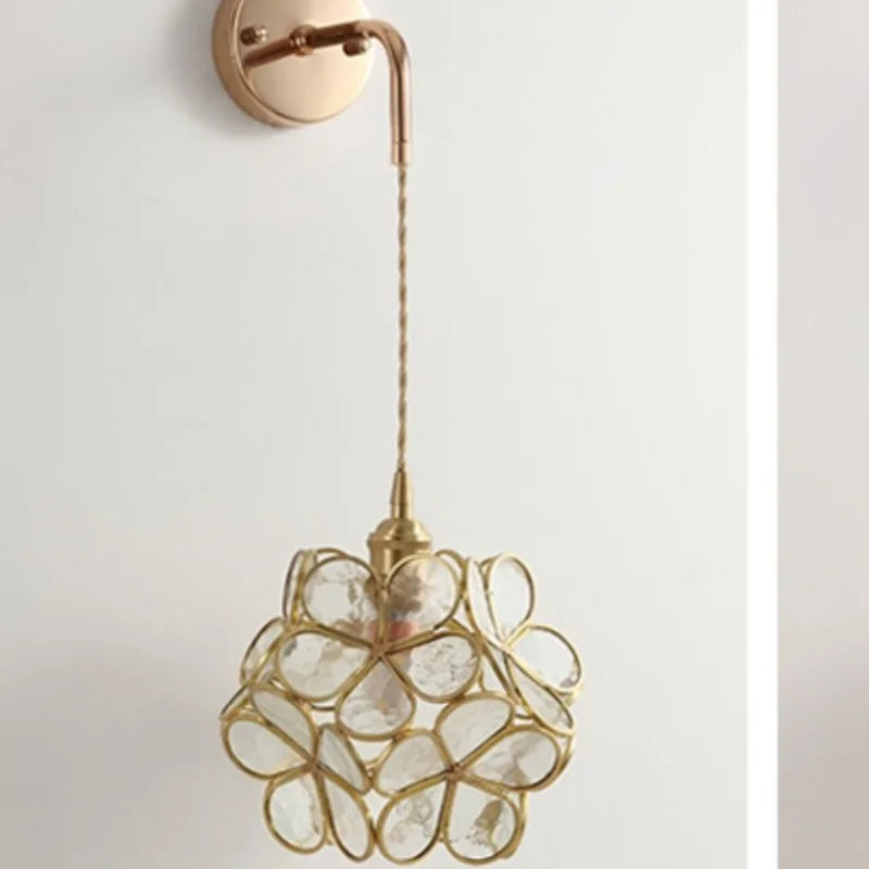 Pink Flower Glass LED Wall Light: Copper Nordic Modern Bedroom Lamp