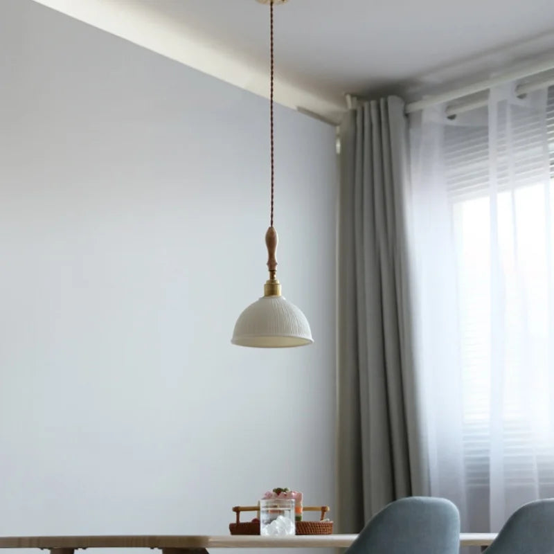 LED Pendant Light Ash Wood White Ceramic Japanese Style Hanging Lamp