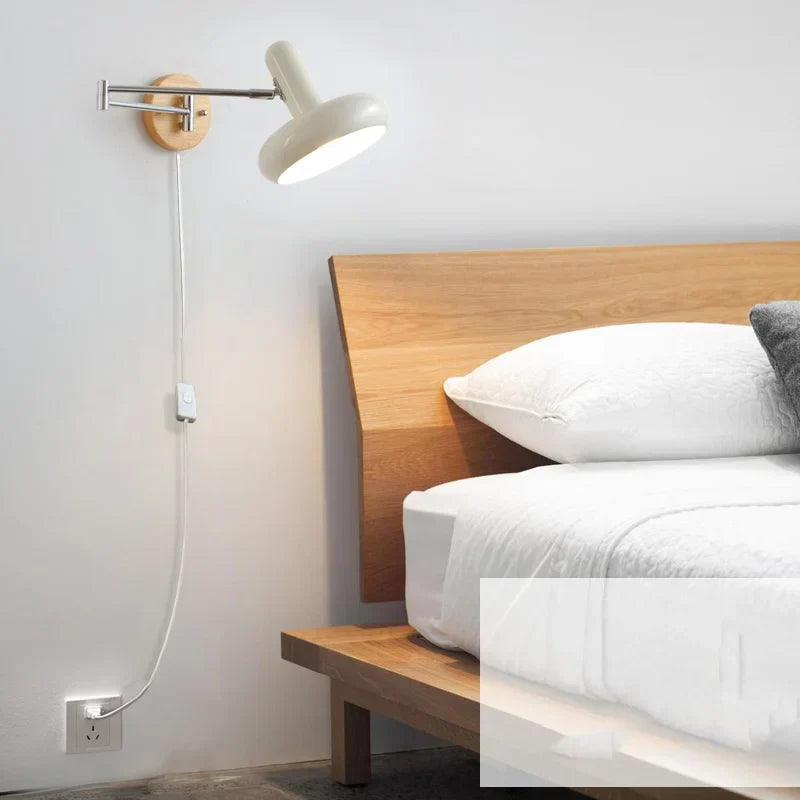 Rotating LED Wall Sconce with Pull Chain Switch, Wood Base Bedside Lamp