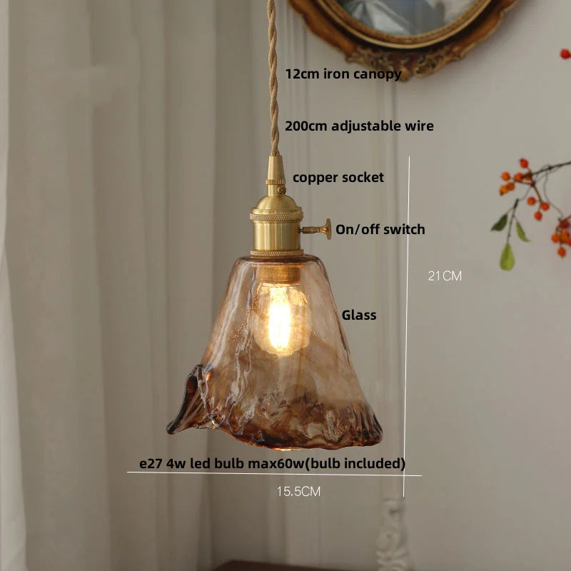 Amber Glass Pendant Light Fixture with Copper Knob Switch