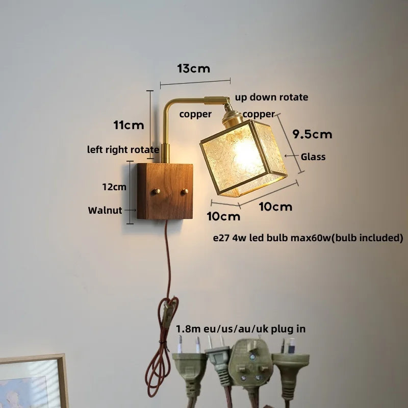 Wood Cube Glass LED Wall Lights with Pull Chain Switch for Modern Interiors