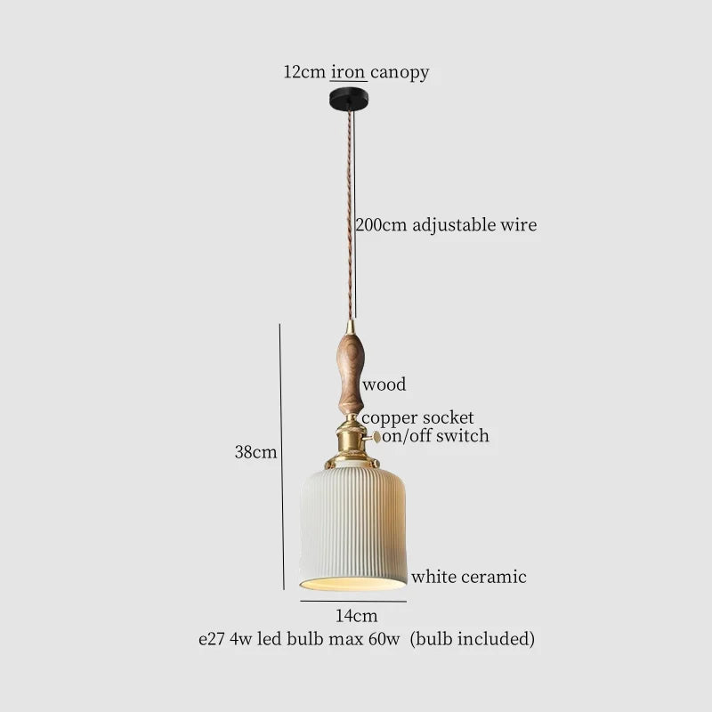 White Ceramic Brass LED Pendant Light - Vintage Japanese Hanglamp