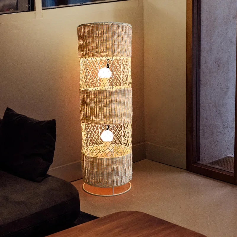 Hand-woven Rattan Floor Lamp: Retro Style for Living Room, Bedroom, Office, Hotel