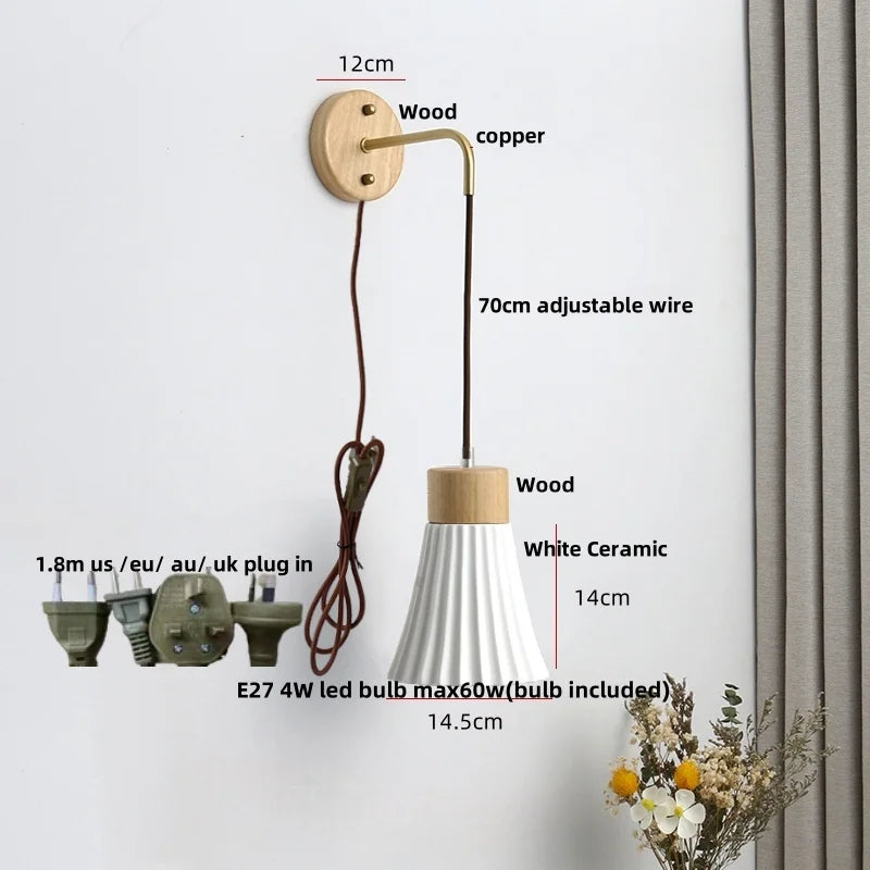 Ceramic Wood Wall Sconce LED Light with Pull Chain Switch - Modern Nordic Style
