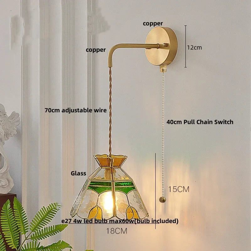 Glass LED Wall Light Fixture with Adjustable Wire, Pull Chain Switch for Bedroom, Coffee Shop