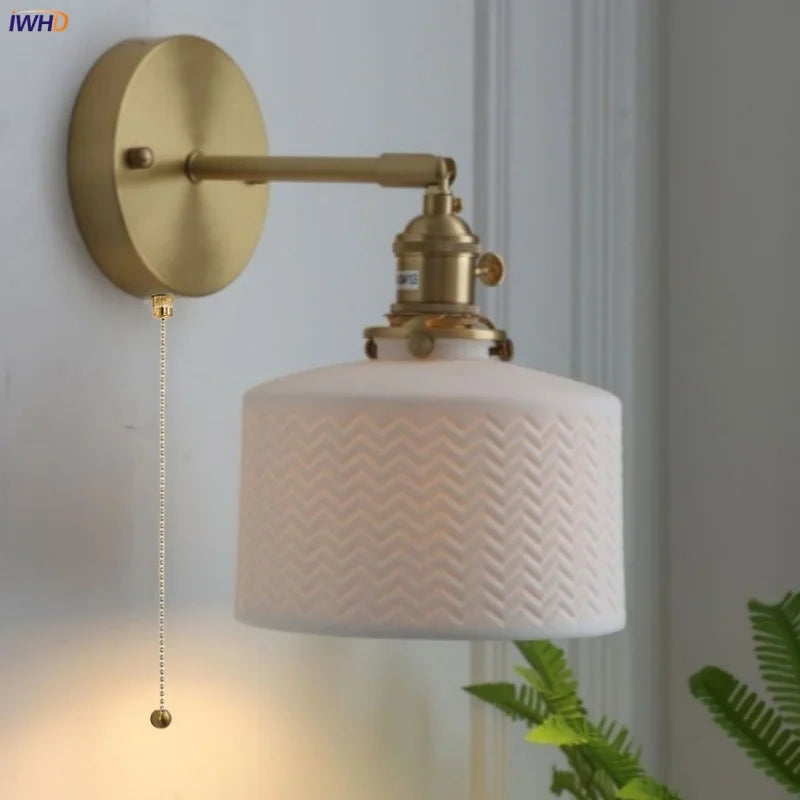 Copper LED Sconce Wall Lamp Pull Chain Switch Nordic Modern Ceramic Mirror Light