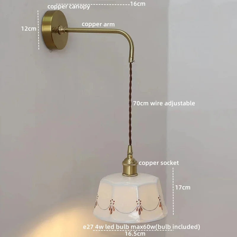 Ceramic Hand-painted LED Wall Light, Pull Chain Switch, Modern Bedside Lamp