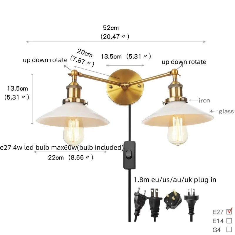 Glass 2-Light Wall Sconce with Pull Chain Switch for Bedroom and Bathroom