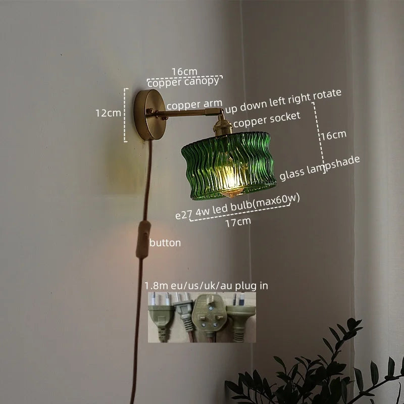 LED Glass Copper Wall Sconce Pull Chain Switch Lamp for Bedroom Living Room