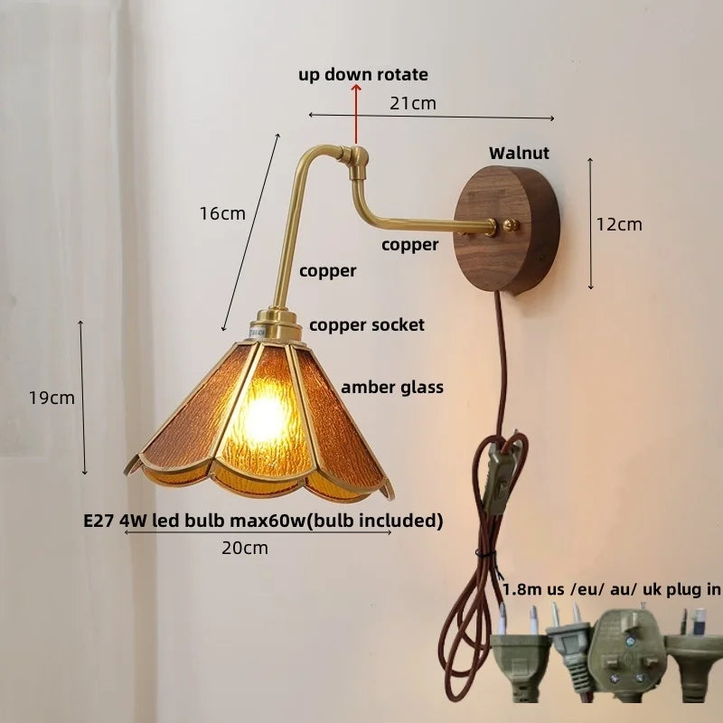Rotating Copper LED Wall Light with Pull Chain Switch and Walnut Base