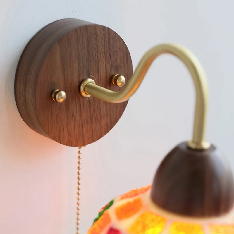 Tiffany Style LED Wall Sconce Walnut Wood Glass Stair Light.