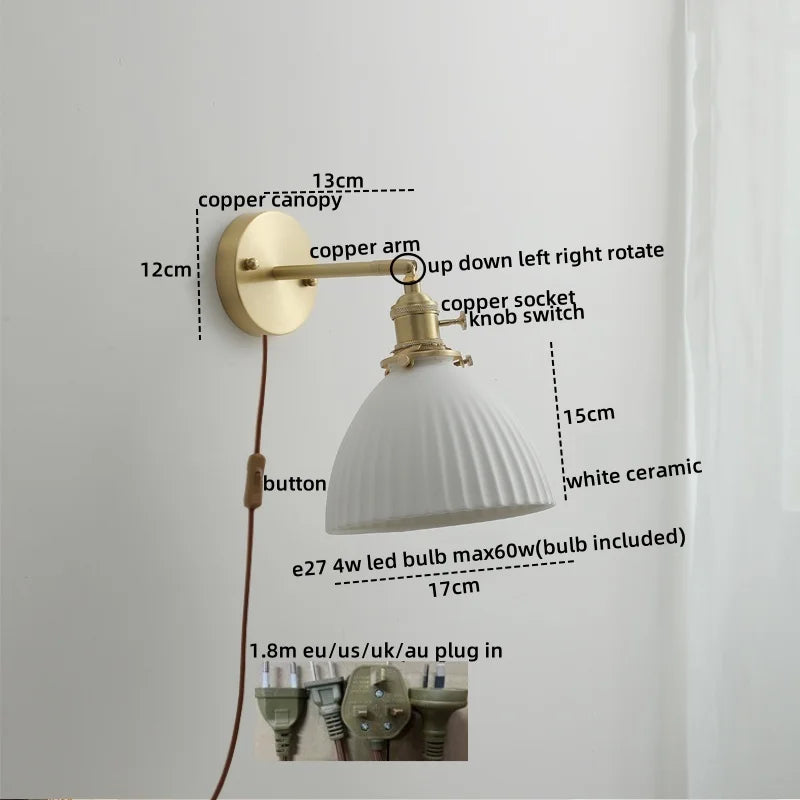 Ceramic LED Wall Light with Pull Chain Switch for Bedroom Bathroom Living Room