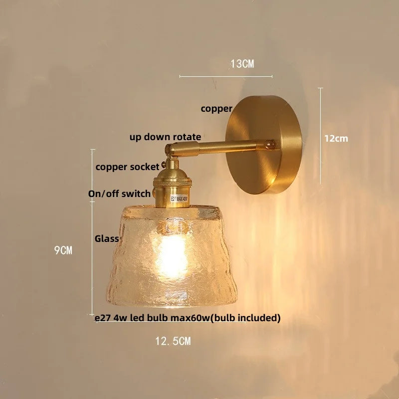 Clear Glass LED Wall Sconce with Pull Chain Switch, Brass E27, Bedroom Reading Light