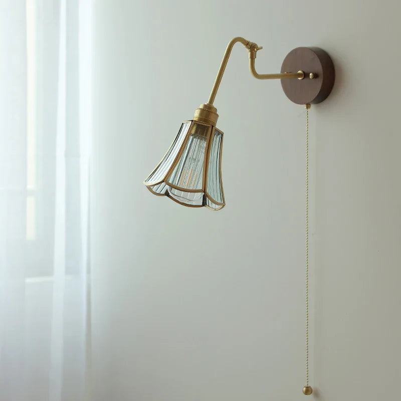 Copper Rotate Arm LED Wall Light: Clear Glass Walnut Bedside Lamp