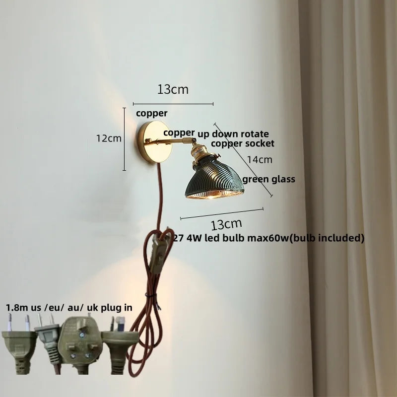 Green Glass LED Wall Sconce, Modern Nordic Rotate Copper Stair Light