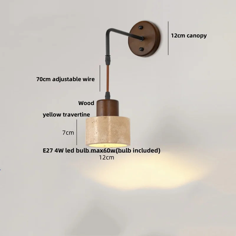 Wood Canopy LED Wall Sconce Yellow Travertine Stone Pull Chain Switch