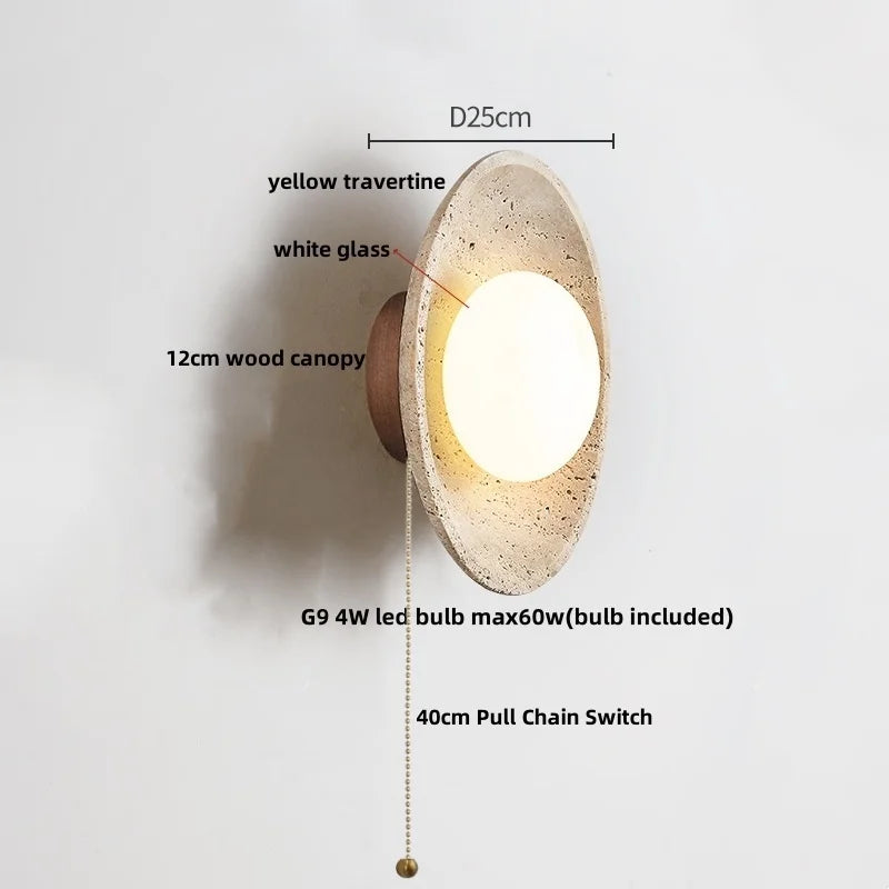 Wood White Glass LED Wall Sconce Yellow Travertine Mirror Light