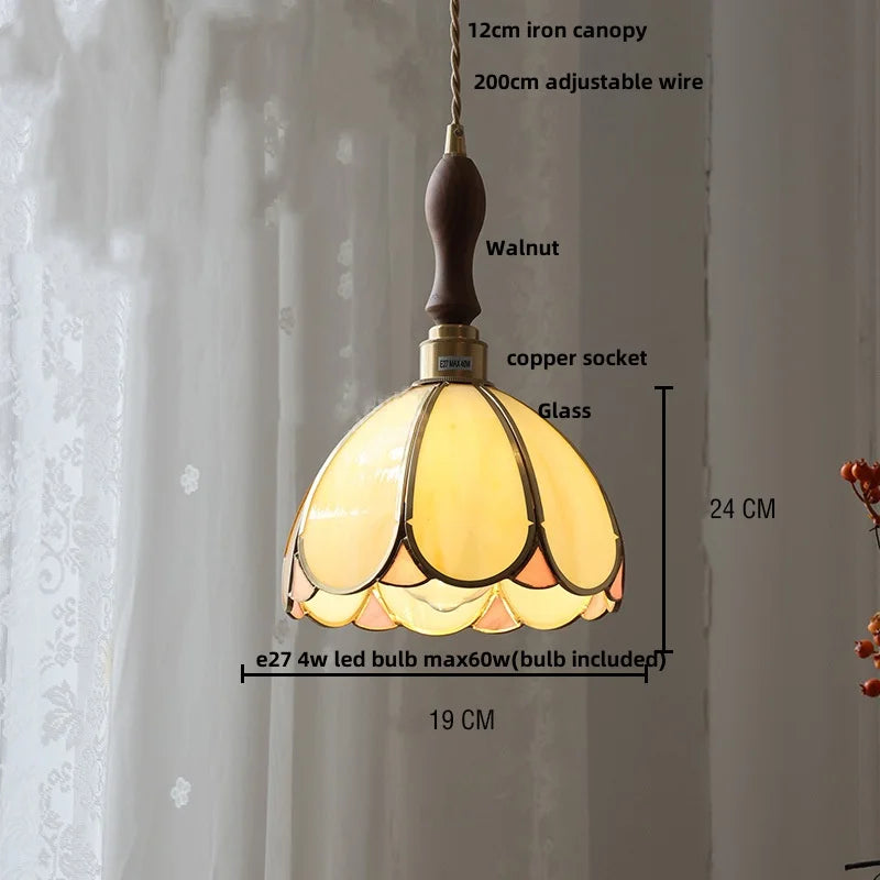Afralia™ Tiffany Glass LED Pendant Lamp with Walnut Knob Switch