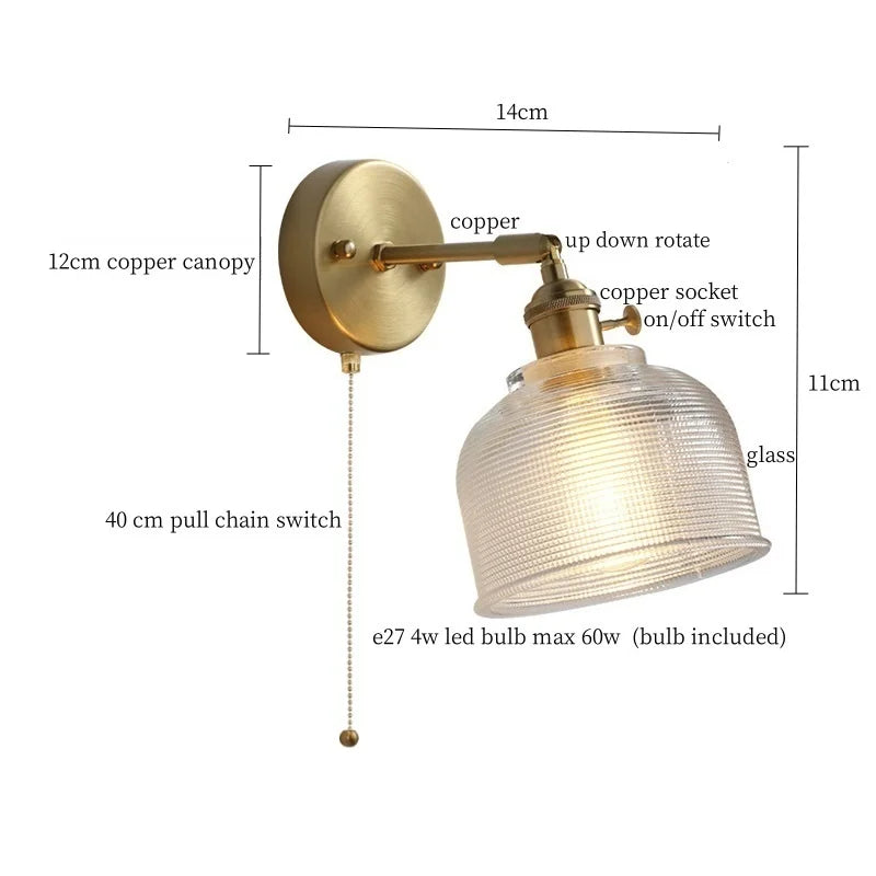 Clear Brass Glass LED Wall Lamp Pull Chain for Living Room Bedroom Loft