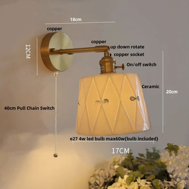 Ceramic Copper Wall Light Fixture with Pull Chain Switch, E27 LED, Modern Nordic Design