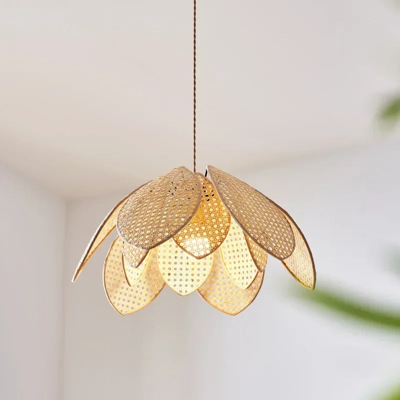 Rattan Petal Chandelier: Modern Nordic Wabi Sabi LED Pendant Light