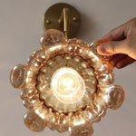 Amber Glass LED Wall Sconce, Brass Finish, Adjustable Wire, Modern Nordic Style