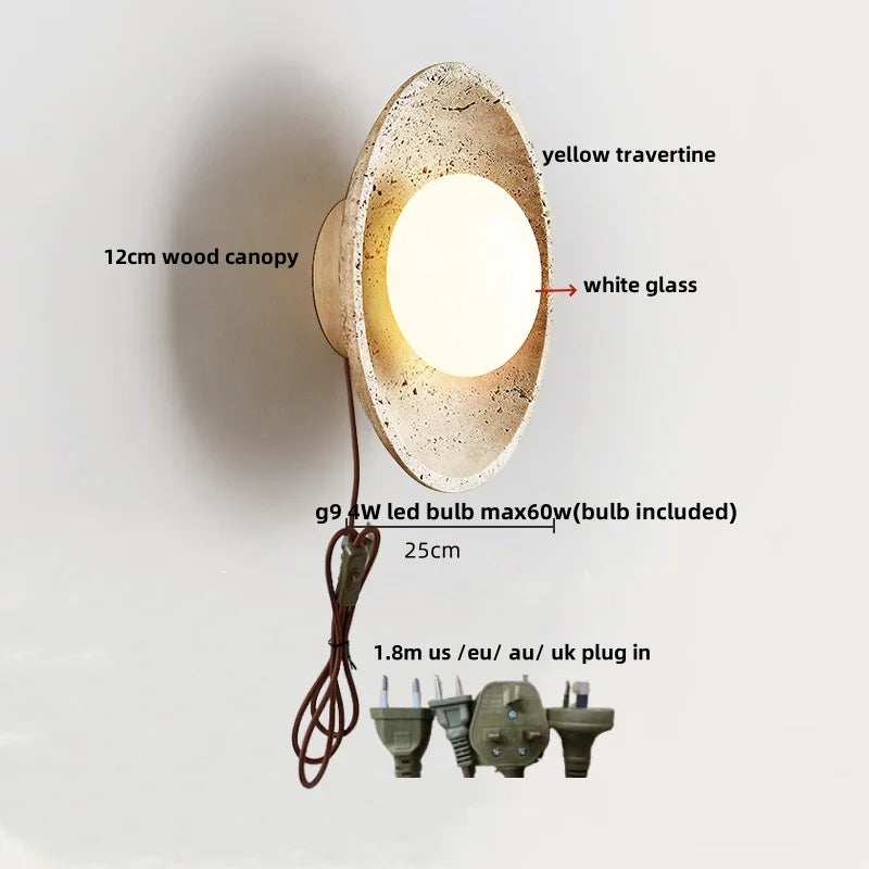 LED Wall Light Travertine Base Modern Nordic Pull Chain Bedside Lamp