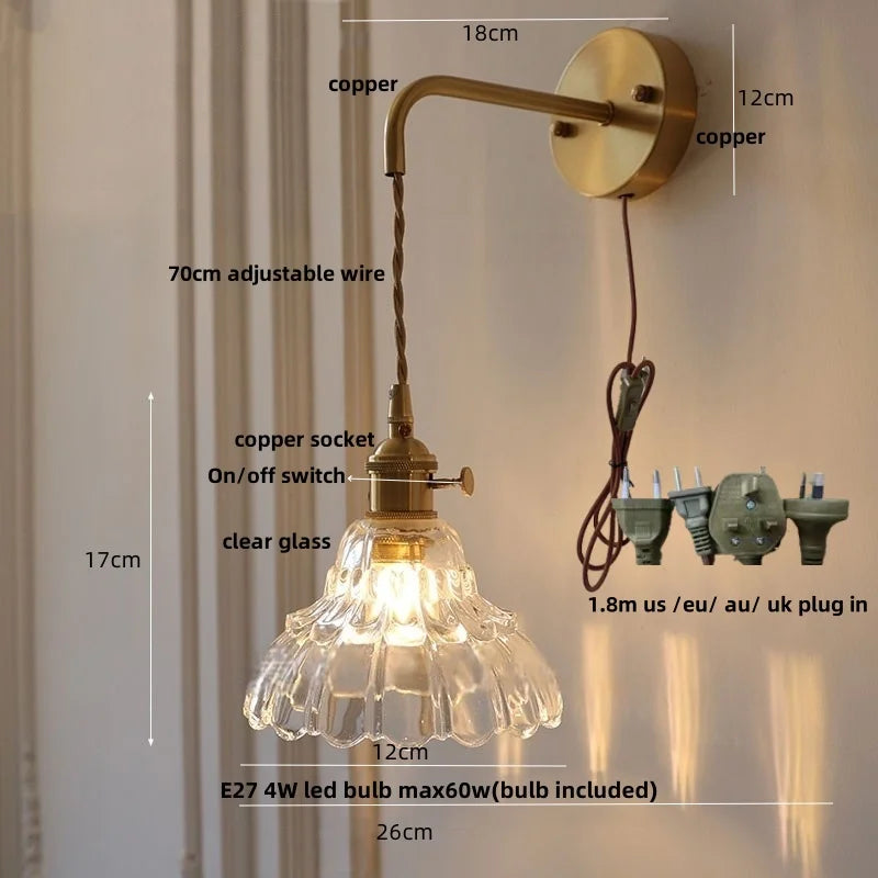 Modern Copper Flower Glass Wall Light with Pull Chain