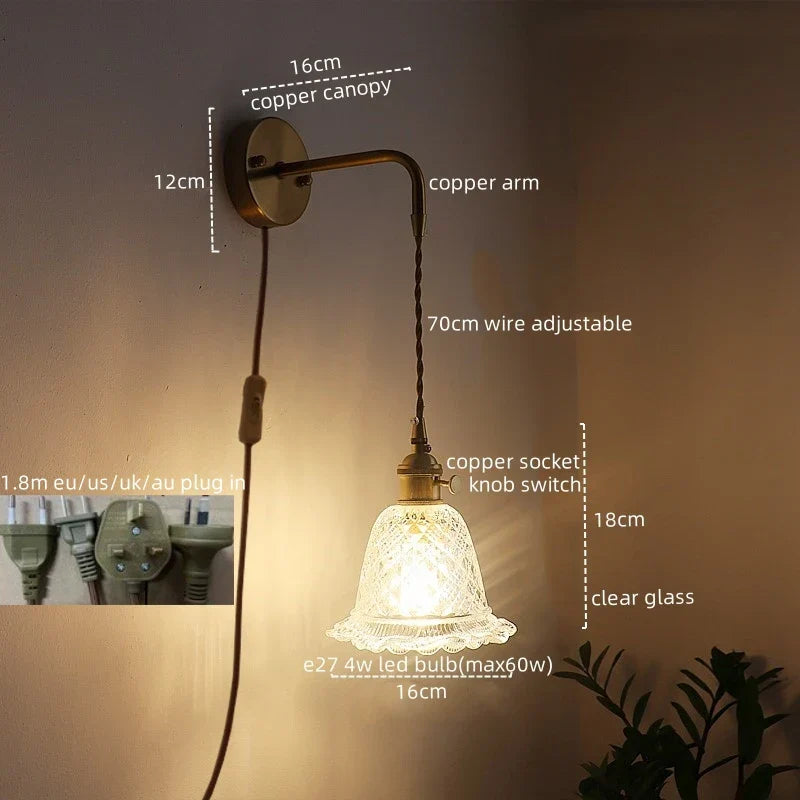 Copper Glass Nordic LED Wall Lights for Balcony Bedroom Mirror Bathroom