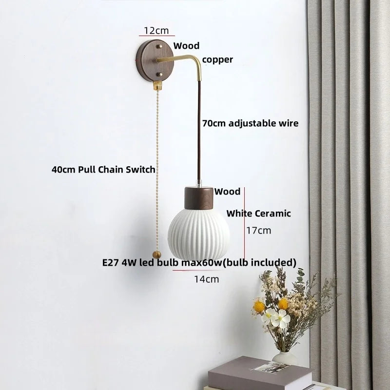 Ceramic Wood Wall Sconce LED Light with Pull Chain Switch - Modern Nordic Style