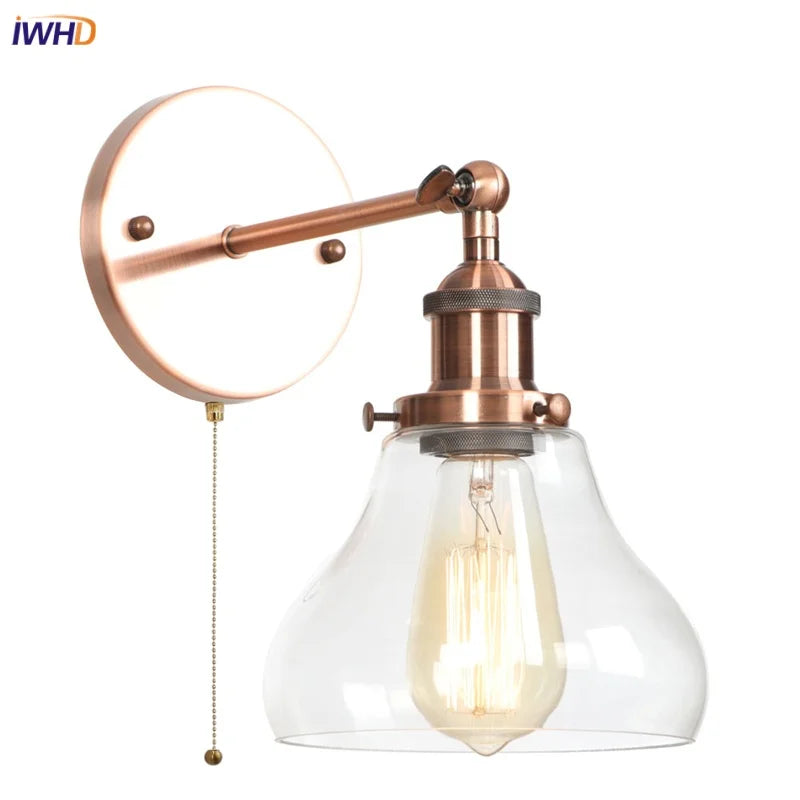 Red Bronze LED Wall Lamp with Pull Chain Switch and Clear Glass