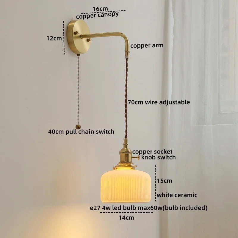 Ceramic Copper LED Wall Lamp with Pull Chain Switch for Modern Style Interiors