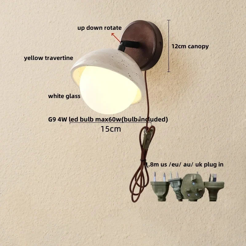 Yellow Travertine LED Wall Light with Pull Chain Switch, Nordic Modern Glass Wood Lamp