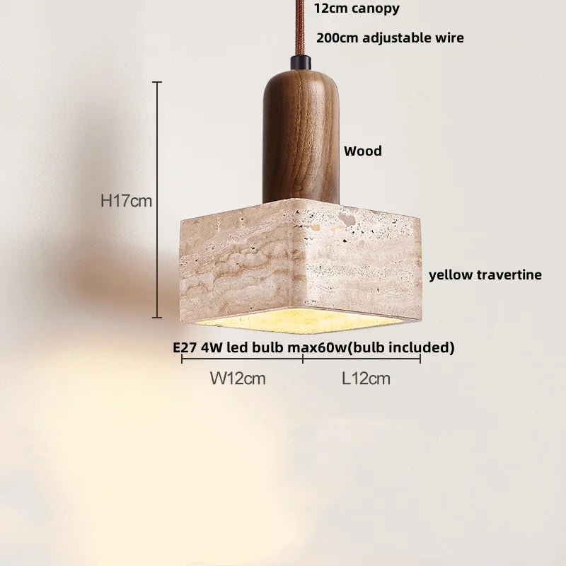 Afralia™ Wood Walnut LED Pendant Light Yellow Trivertine Stone Hanging Lamp