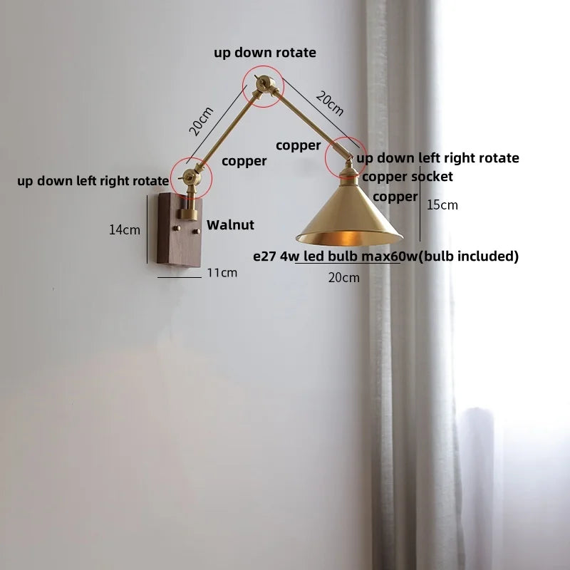 Walnut Copper Swing Arm LED Wall Light Fixture for Nodic Home Decor