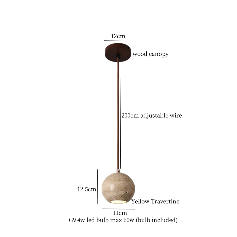 Yellow Travertine Spherical Stone LED Pendant Light for Bedroom Dining Living Room