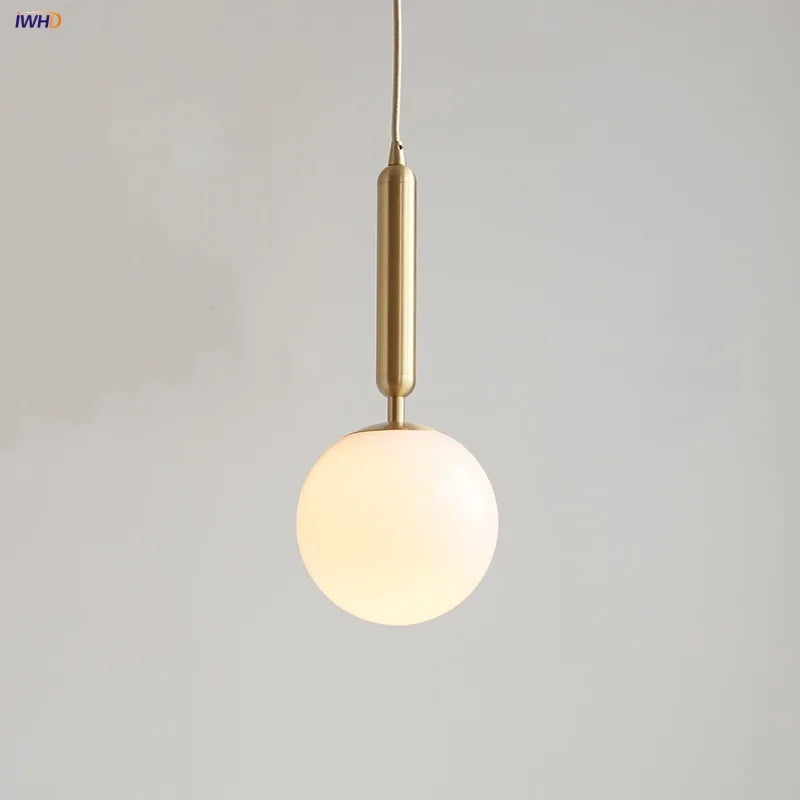 White Glass LED Pendant Lamp Copper Adjustable Hanging Light
