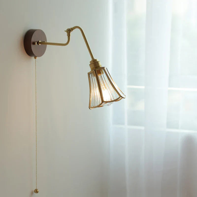 Copper Rotate Arm LED Wall Light: Clear Glass Walnut Bedside Lamp