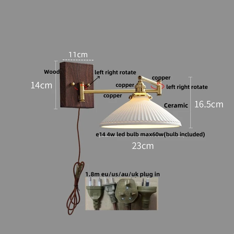Wood Swing Arm LED Wall Light - Rotatable Bedroom Balcony Bedside Lamp