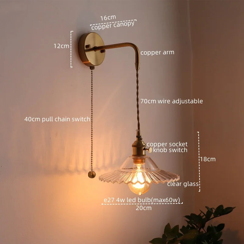Copper Glass Pull Chain LED Wall Sconce for Indoor Living Room Stairway Lighting