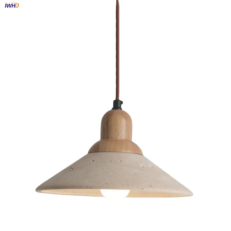 LED Wood Canopy Pendant Lights Yellow Travertine Stone Hanging Lamp