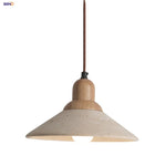 LED Wood Canopy Pendant Lights Yellow Travertine Stone Hanging Lamp