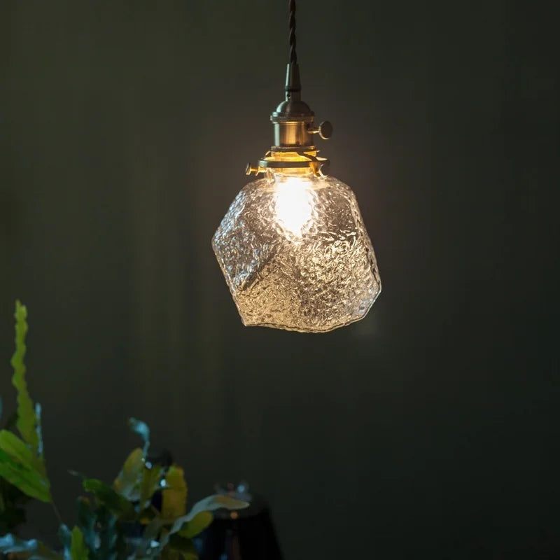 Afralia™ Stone Glass LED Pendant Light Japanese Vintage Copper Hanging Lamps