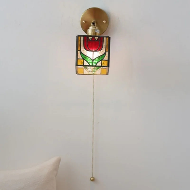Colorful Square Glass LED Wall Lights with Pull Chain Switch - Tiffany Style