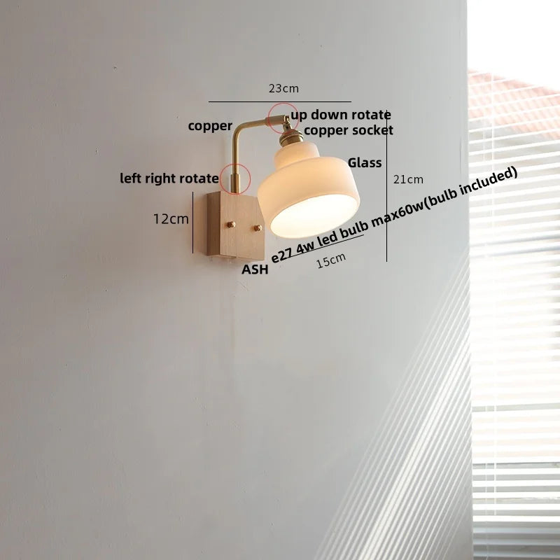 White Glass LED Wall Light Fixture Walnut Wood Brass Pull Chain Switch