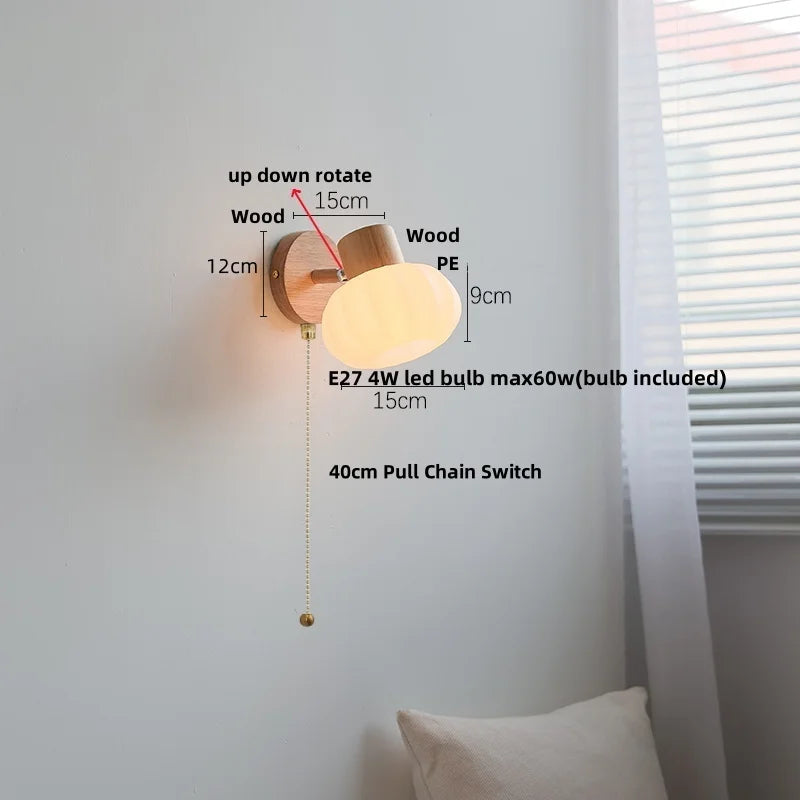 Amber Glass LED Wall Sconce Nordic Modern Wood Pull Chain Switch Stair Light